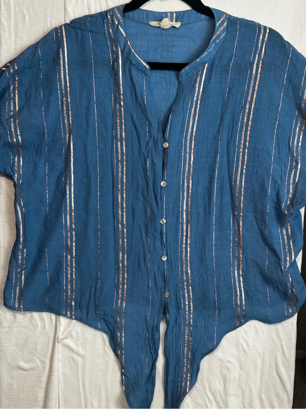 Lily Star Blue Metallic Gold Striped Tie Front Button Up Blouse Top Size XL